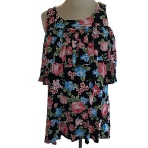 Easel blouse cold shoulder short sleeve floral print ruffled loose fit Sz large